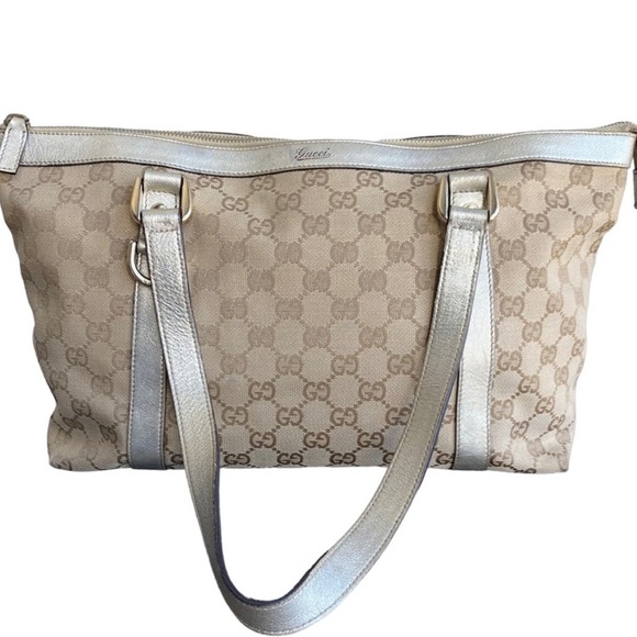 Gucci Handbags - GUCCI Brown and Gold Logo Canvas Medium Zipper Tote Hand Bag